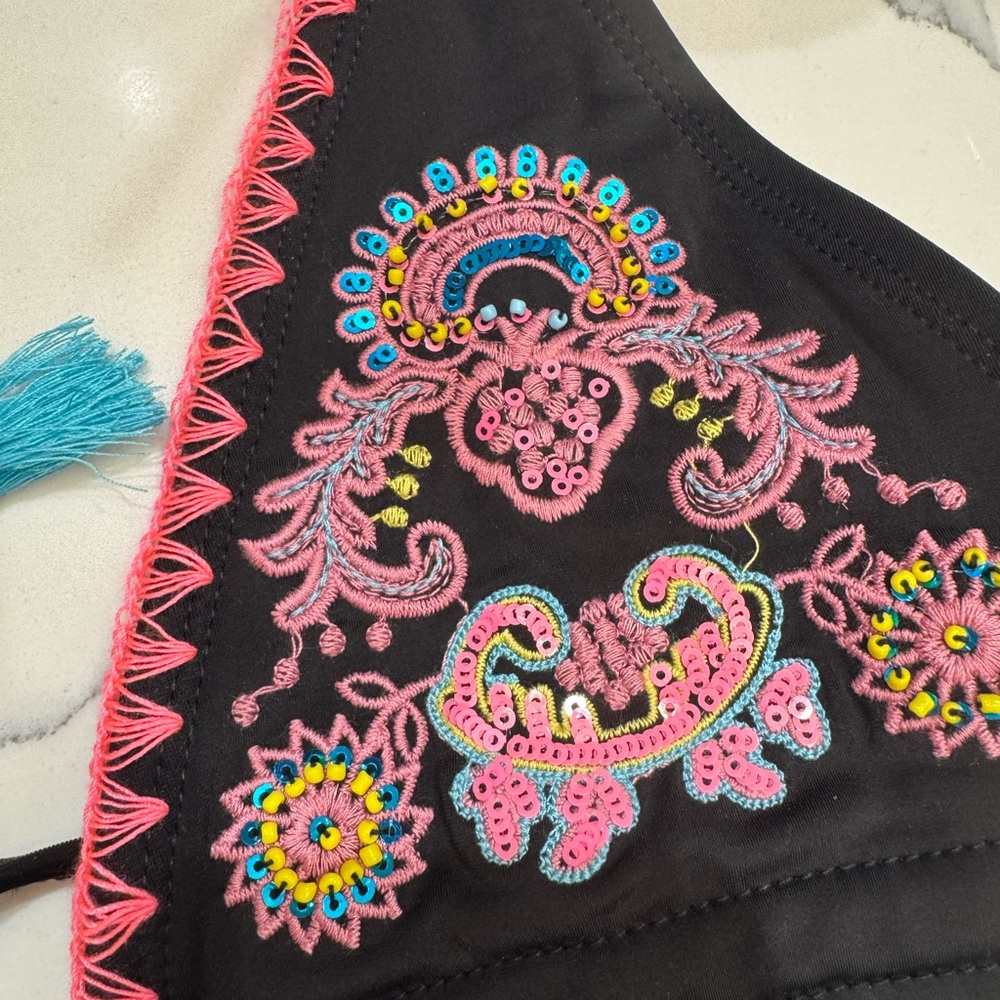 Black and Pink Embroidered One Piece Swimsuit  NWT - Picture 4 of 5